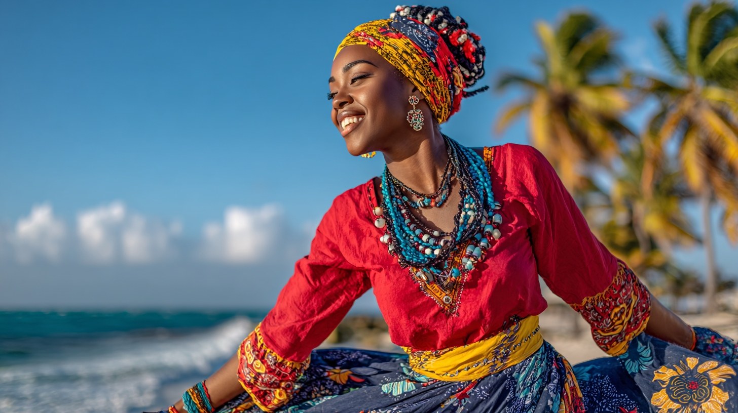 Caribbean woman in vibrant headwrap and beaded jewelry